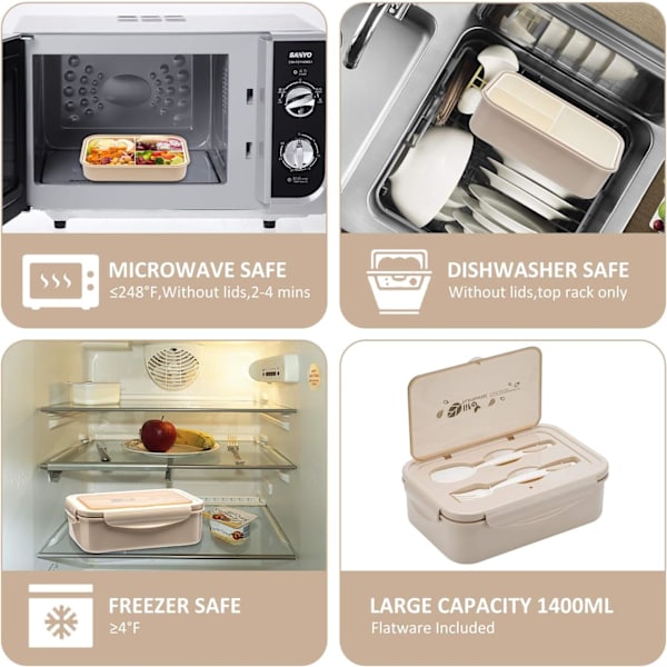 Lunchboks med skje og gaffel, holdbar perfekt størrelse for måltider på farten, BPA-frie og matsikre materialer khaki