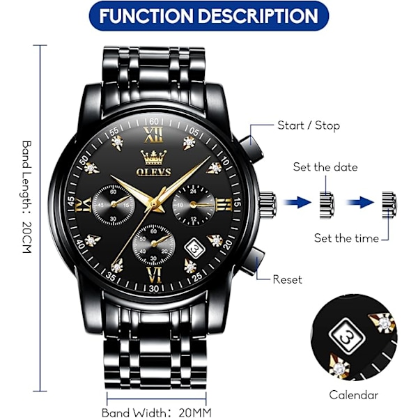 OLEVS Herrklocka Chronograf, Vattentät Multifunktionell Urtavla med Datum Diamantklockor för Män Black Dial/Black Band
