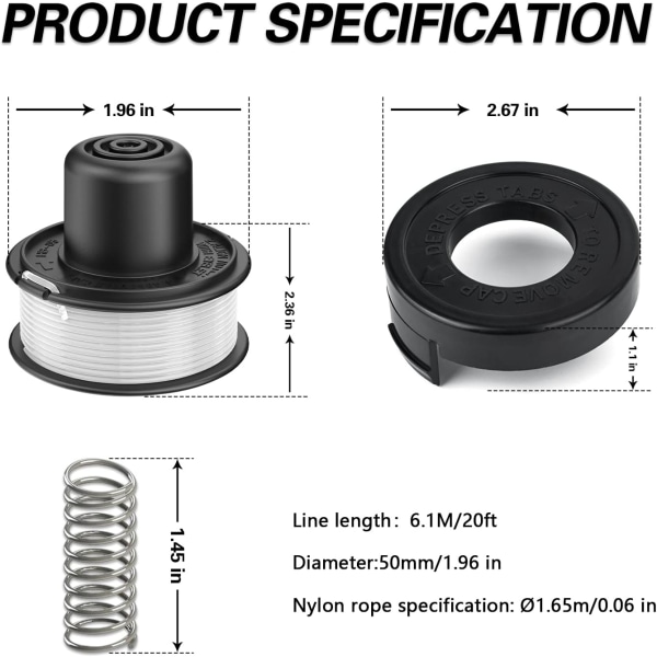 3 käämiä ruohonleikkurin lankaa ja 1 käämin suojus, yhteensopiva Black + Decker -malleille RS-136-BKP/RS-136