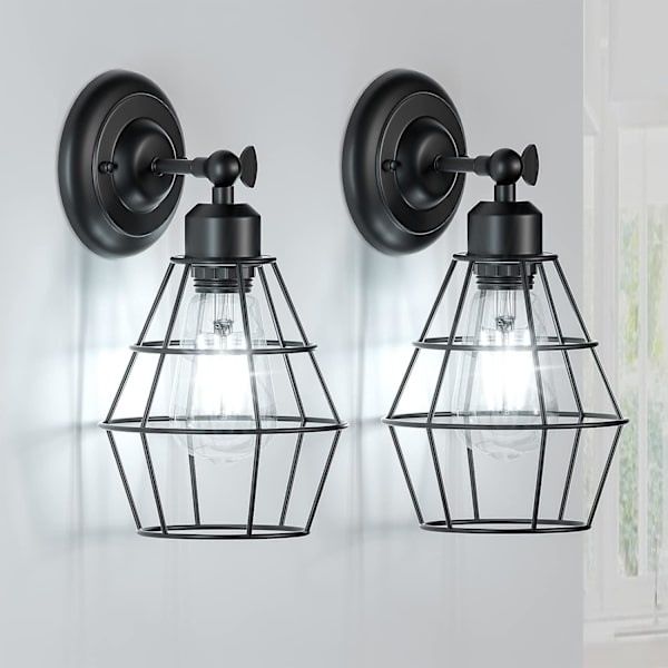 Industriell vägglampa, 2 st, vintage trådbur väggbelysning