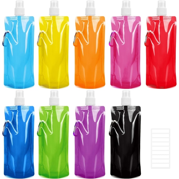 Sammenleggbar vannflaske, 9 stk gjenbrukbare kantine sammenleggbare drikkevannsposer med klips for sport, sykling, 9 farger tilfeldig