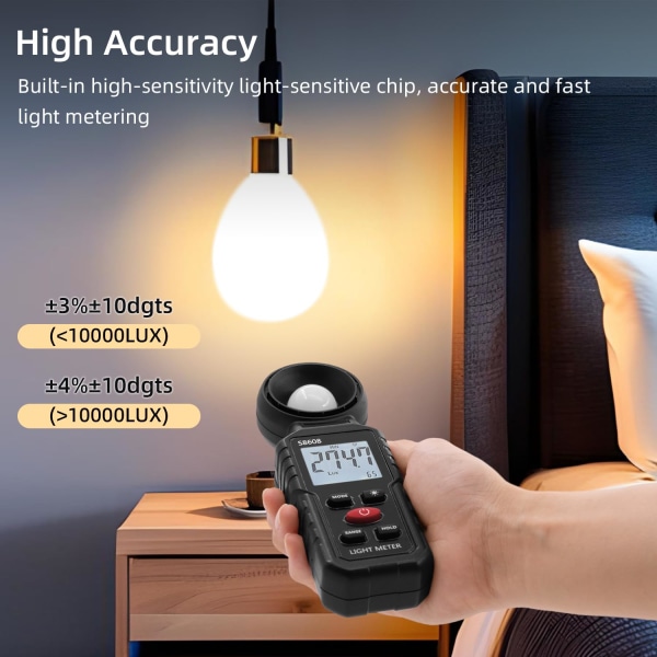 Digital Lux Meter, Lysmåling med 0,1-200.000 Lux, Bærbar Digital Omkringliggende Lysmåler Område Op til 200.000 Lux til LED Lys, Planter