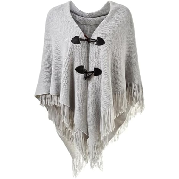 Women’s Loose Fitting Poncho Cape Shawl with Stylish Horn Buttons, V Neckline and V Hem(grey)