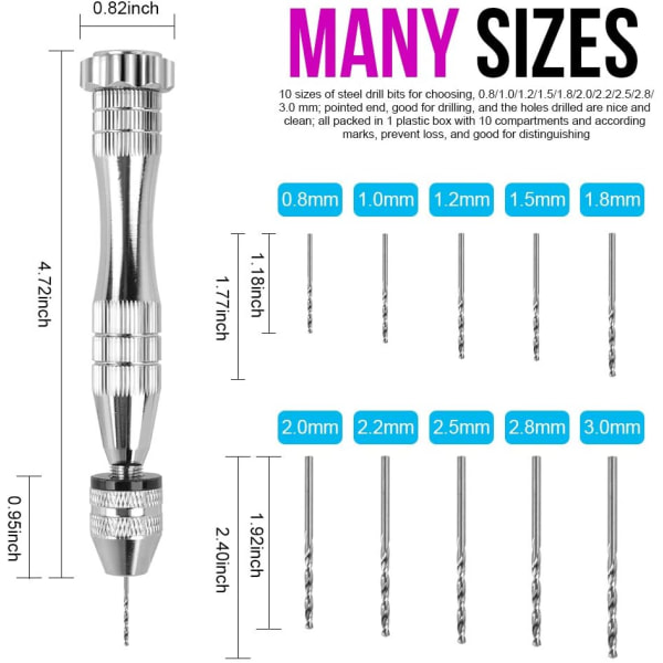 Pin Vise til Resin Støbeforme, Stål Håndboremaskine, Resin Boremaskine med 10 stk. Bor til Epoxy Resin Kunsthåndværk, Træ, Ler Silver 5.28 x 2.52 x 0.87 inches