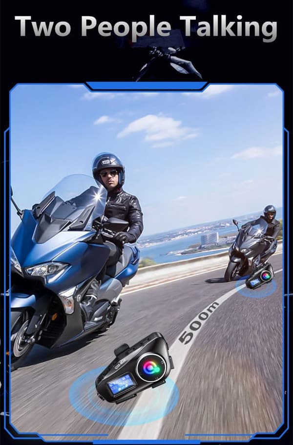Motorcykelhjälm Intercom 500M, Bluetooth Motorcykelheadset, IP65 Intercom Kommunikationssystem med Atmosfärisk Belysning, 1000mAh
