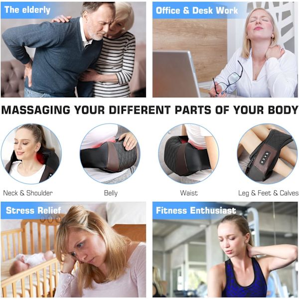 Shiatsu-niska- ja selkähieroja lämmityksellä, syväkudos 4D-hierontatyyny olkapäille, paras lahja naisille, miehille, äidille, isälle Black