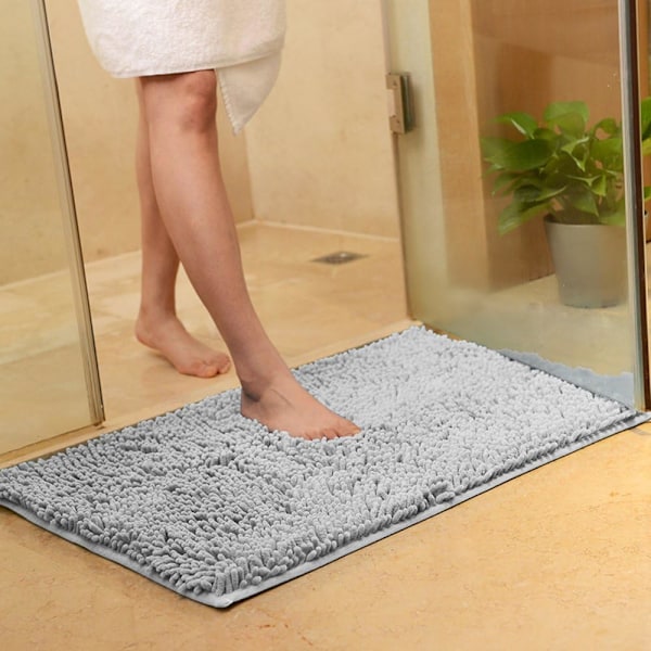 Blød Shag Bademåtte Tæppe Køkken Dør Fødder Tæppe Anti-Slip Strimmel Absorberende Dørmåtte Bademåtte Bruse Shaggy Tæppe - 60 x 90 cm, Grå