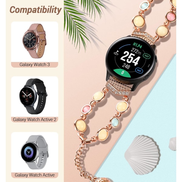 Perlebesatt motebånd kompatibel med Samsung Galaxy Watch Active 2/Galaxy Watch, elastisk perlebesatt nattlysende agatbåndsrem for jenter, roségull