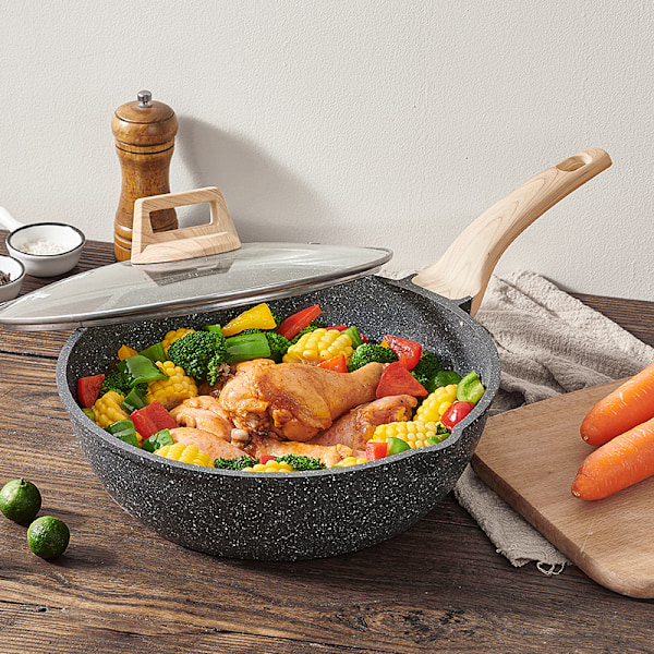 24 cm Non-stick Induktionskomfur Sten Stegepande, Non-stick Stegepande, Omeletpande - Med Glaslåg