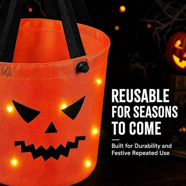 1 Halloween lysende godtepose, LED godtepose, gresskar godtebøtte