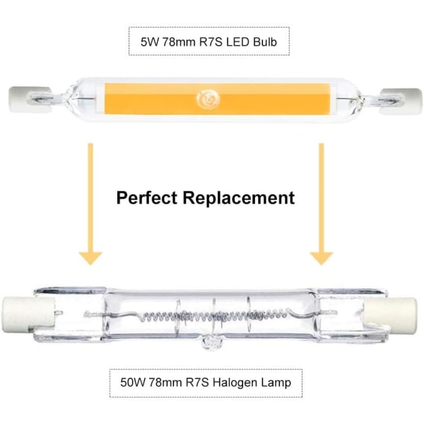 5W R7S 78MM J78 COB Filament LED-lampa, 500 lumen 360 grader, halogenlampa 30W 48W 50W motsvarande (2 st, varmvit 2700K) [Energiklass A+] Warm White