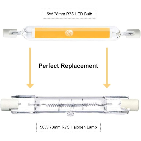 5W R7S 78MM J78 COB Filament LED-pære, 500 Lumen 360 grader, Halogenpære 30W 48W 50W ækvivalent, til hjem, værelse, balkon, osv. 2 stk., varm hvid 2700K