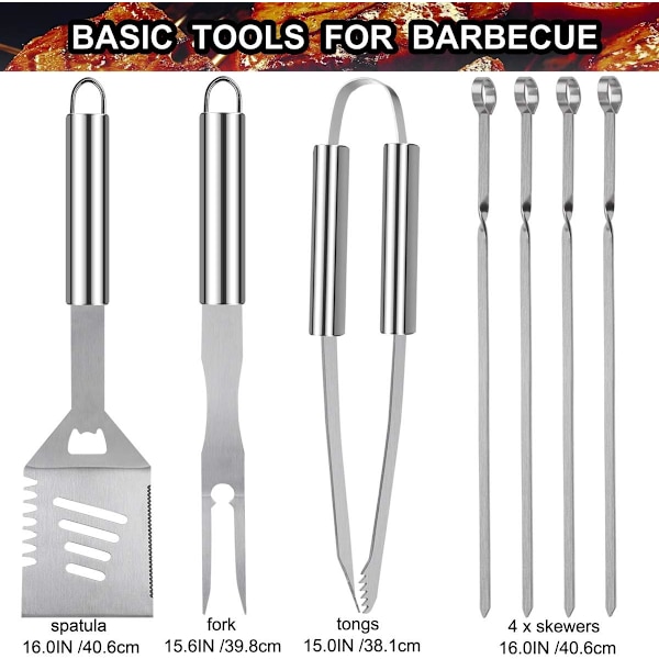Kraftig grillverktøysett for grill, ekstra tykk rustfritt stålspatel, gaffel og tang. Komplett grilltilbehørsett i aluminiumsbeholder