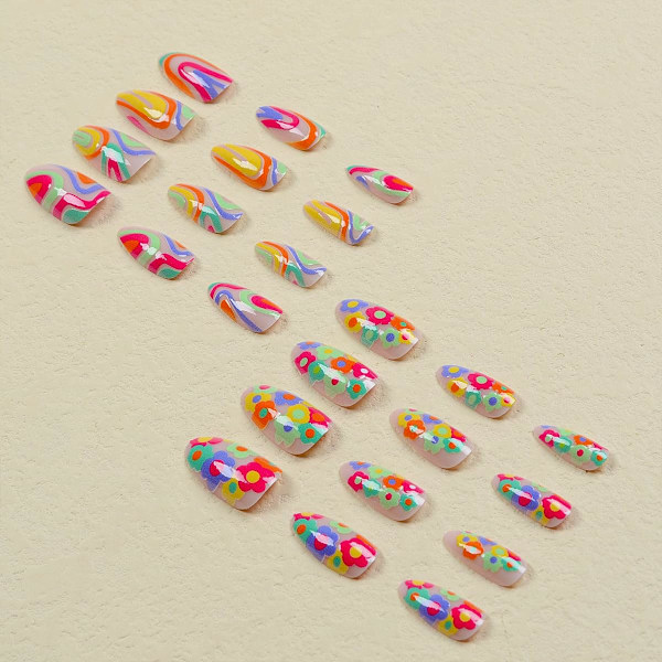 Medium Almond Press on Nails, Fake Nails French Tips False Nails with Rainbow Colorful Swirls Flower Pattern Designs