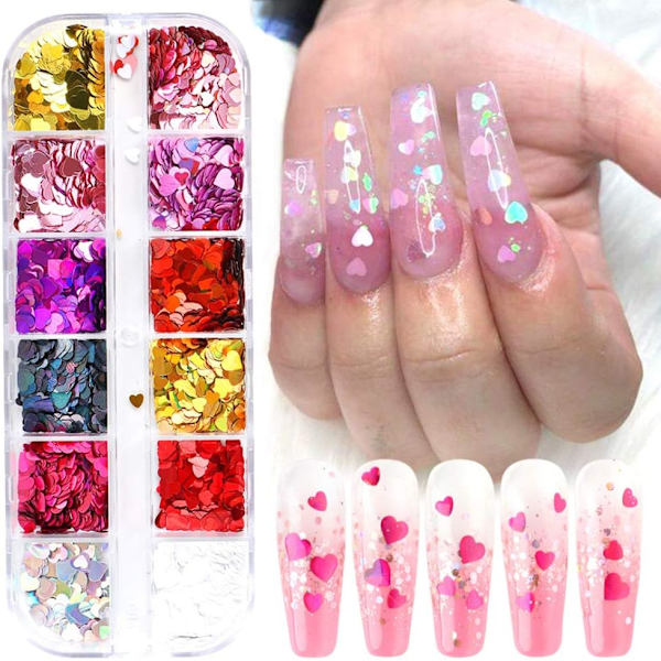 3D Hjerte Neglekunst Klistremerker Glitter Dekaler Kjærlighet Negl Paljetter Laser Hjerte Negl Fornødenheter Sparkle Negl Flakes Blandet Størrelse Fargerik Skinnende Design 6.38 x 2.36 x 0.39 inches