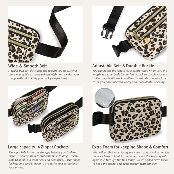 Fanny Packs til kvinder Fashion Waist Packs Taske, Vandtæt Everywhere Crossbody Bæltetaske til træning løb rejser Leopard