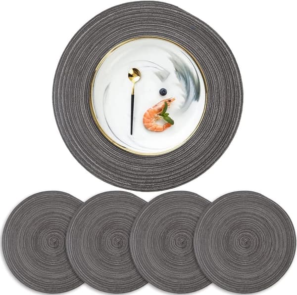 Sett med 4 runde flettede vaskbare plassmatter, 15 tommer Black