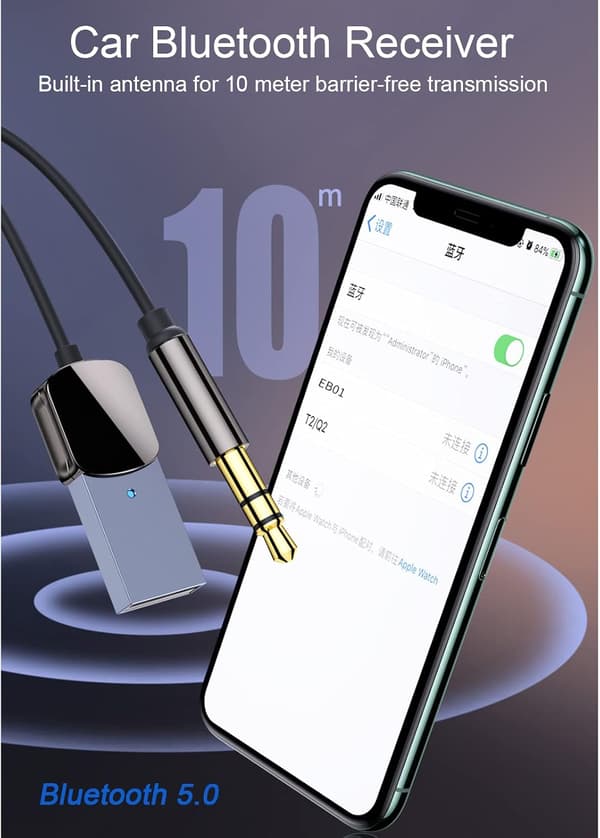 Bluetooth-modtager til bil, USB Bluetooth-hjælpeadapter, Bluetooth 5.0-modtager med 3,5 mm AUX-stik og USB-lydadapter