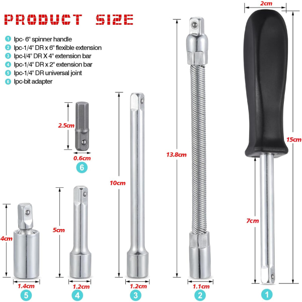 46-delt Sokkel- og Bitsett, Fleksible Sokkelsett, Ratsjennøkkelsett, Bilreparasjon Verktøy 1/4 Tomme