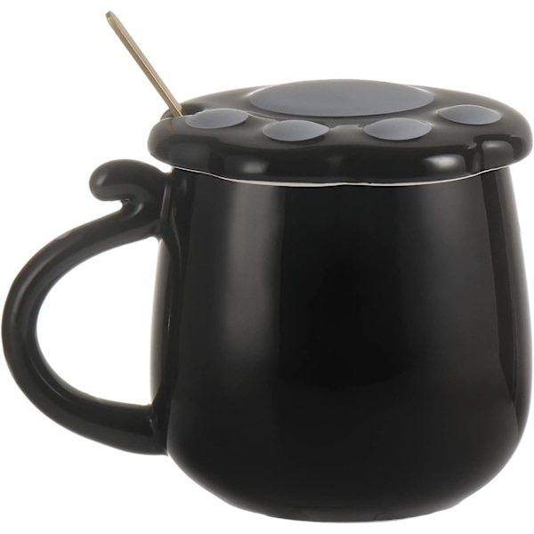 Krus Søt Keramisk Kaffekopp med Nydelig Katteklo-lokk Rustfritt Stål Skje, Spesielt Tekoppsett 450ml/16oz (Svart)