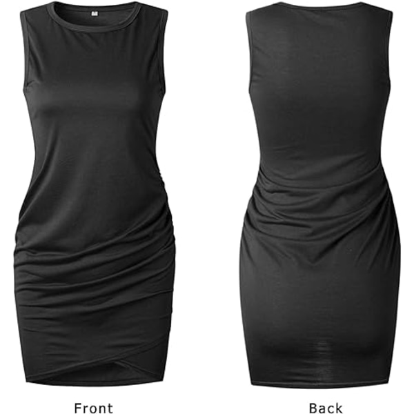 Avslappet sommerkjole for kvinner med rund hals, rynket, ermeløs tanktopp, bodycon-skjorte, korte minikjoler Black XL