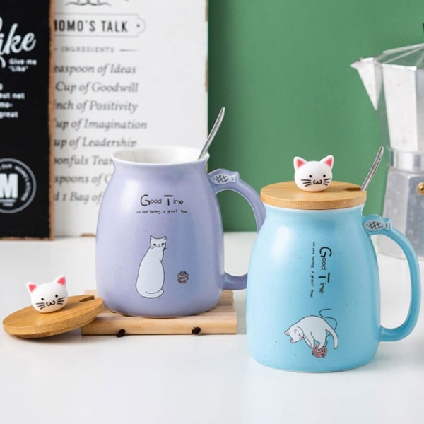 Keramisk Mugg, Söt Kattmugg för Kaffe, Kawaii Kattkopp med Lock och Rostfritt Stål Sked, Kaffe och Mjölkmugg, Blå, 420ML/14OZ