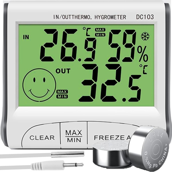 Termometer med udendørs sensor, tid, indendørs udendørs termometer, indendørs hygrometer