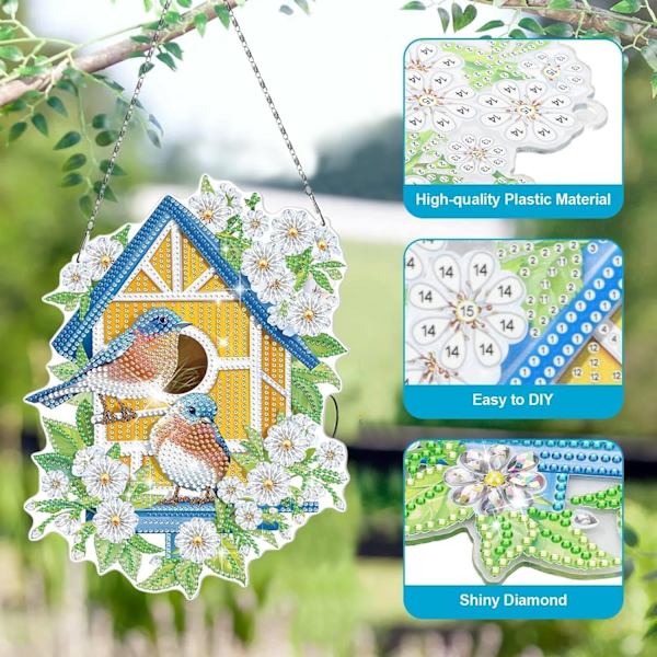Diamantmålning Kit, DIY Fåglar Blommor Diamant Väggkonst Vindspel Ornament