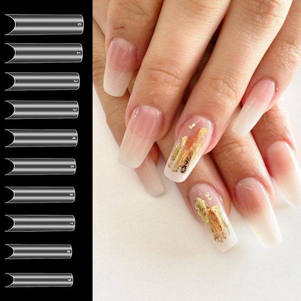 200 klara rektangulära akrylnageltippar, fulltäckande C-formade nageltippar