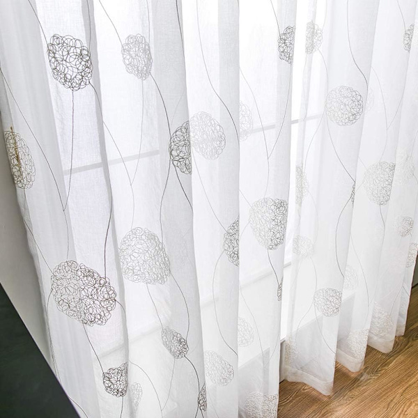 Gardiner Gennemsigtig Voile Blomsterbroderi Øjet Gardiner Transparent Gardin 2 Stk Øjet Gardin Gardinpar Vinduesgardin Til Stue Soveværelse White 140*145cm
