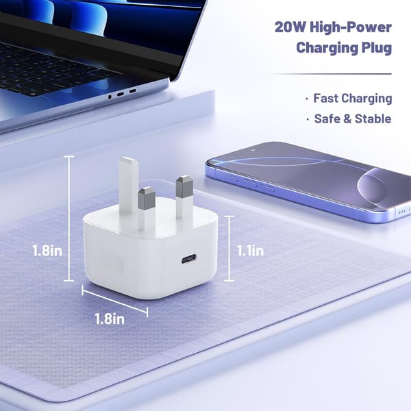 20W USB-C-lader med britisk plugg og 1M flettet kabel, hurtigladeradapter for iPhone 17/16/15-serien, 16e og iPad