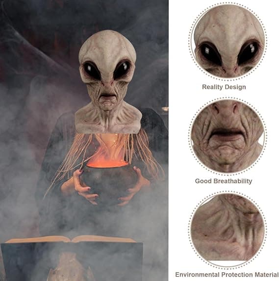 PC Universal Horror Halloween Alien Maske - Fullt hode, realistisk, voksenstørrelse, grå