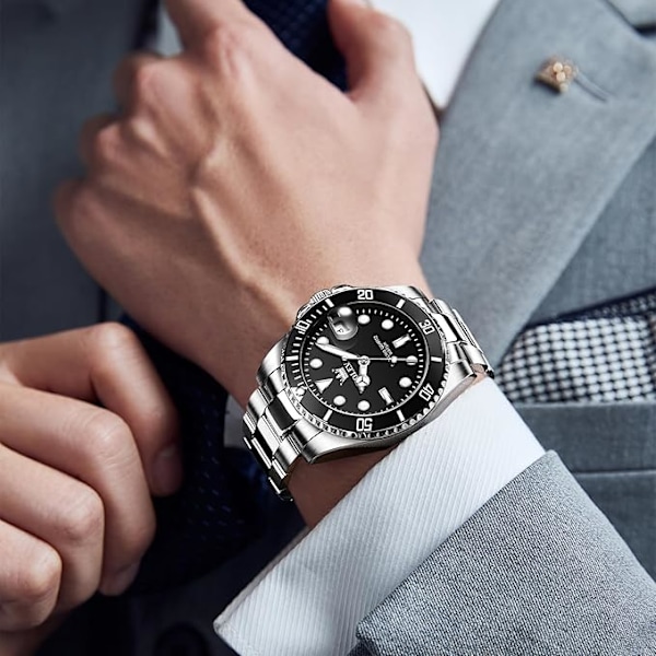 OLEVS Herrarmbandur Svart black Dial/Silver Band