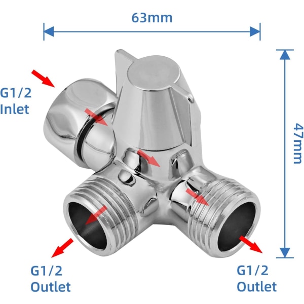 3-veis avledningsventilbryter for dusj, hånddusj og overhead dusj dusjarm 3-veis avleder solid messing, polert krom (PV8)