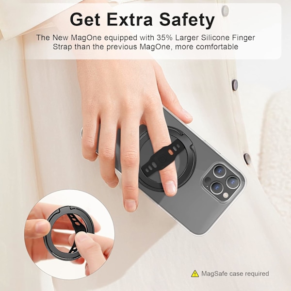 Nya MagOne (Uppgradering) Kompatibel med MagSafe Telefon Grepp Stativ med Silikon Fingerrem, Avtagbar Magnetisk Ringhållare