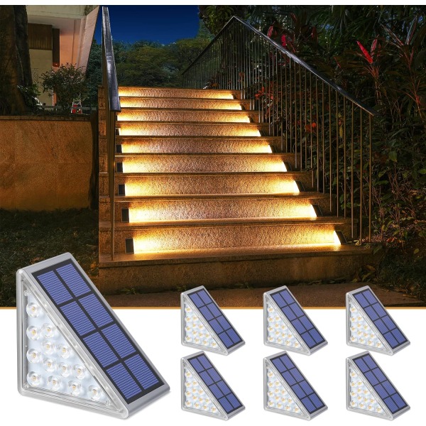 Solar Step Lights, 6 Pack Outdoor Stair Lights lämmin valo Kolmio Solar Vedenpitävä Auto On Off Portaiden Patio Pihalle, Jalkakäytävälle