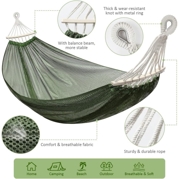 Utomhus Hängmatta, Super Mjuk och Andningsbar, Nät Hängmatta Tillverkad av Svalt Nylon med Trä ArmyGreen 195*130cm
