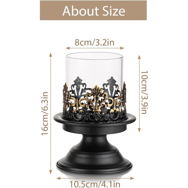 Svart Shabby Chic Pelarljushållare Set för Bord - Gotisk Ljusstake Rustik Glas Lykta Mittstycke