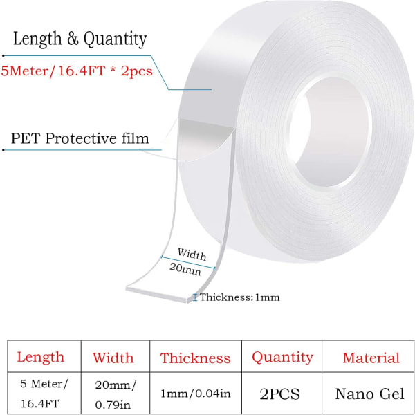 10M Dobbeltsidig Super Sterk Klar Sporløs Nano Tape Kraftig, Avtakbar, Vaskbar, Gjenbrukbar Dobbeltsidig Gel Tape