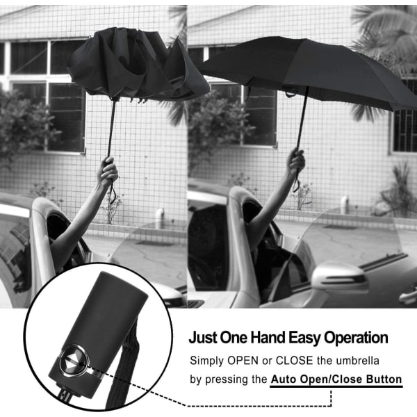 Paraply vindtätt reseparaply Kompakt hopfällbart omvänt paraply Black