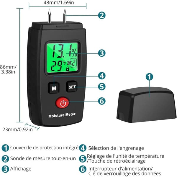 Fuktmätare, stiftmodell med 3 lägen, LCD-display med grön bakgrundsbelysning, lämplig för trä, papper