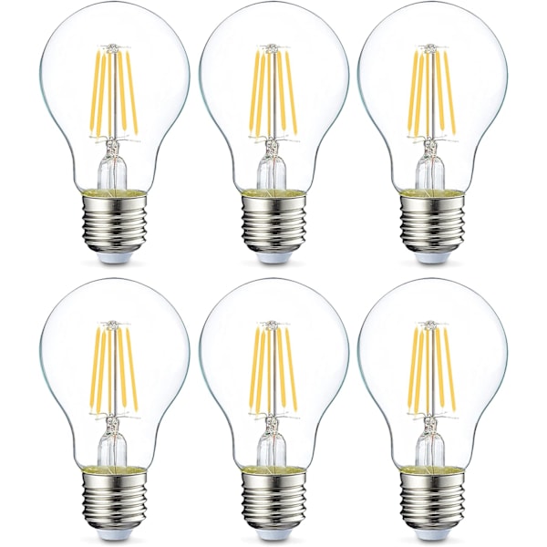 Sæt med 6 LED-pærer Edison-skruefatning E27 4 W (svarende til 40 W) Transparent filament Ikke-dæmpbar intensitet