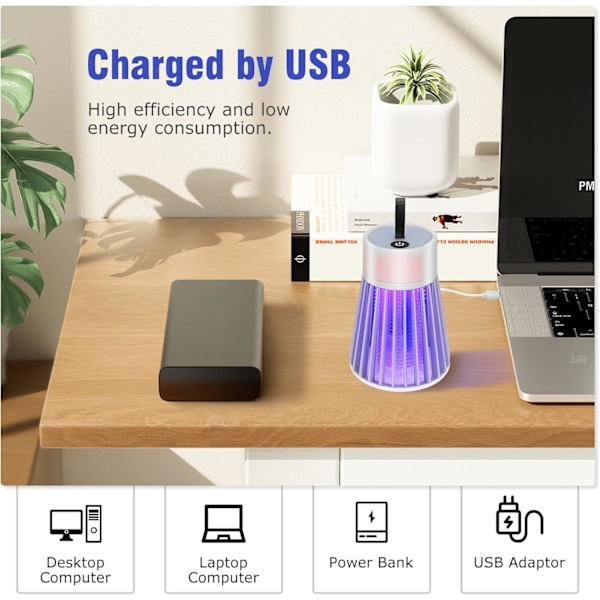 Myggdreperlampe, USB-oppladbar, Mini UV Elektrisk Insektdreper, Bærbar Fluefelle for Camping, Hage, Terrasse