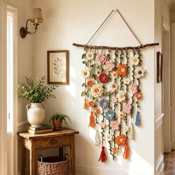 Boho Virkad Blomväggdekoration | Blommig Makramé Väggbonad i Bomull | Boho Lantlig Inredning med Kaskadblommor