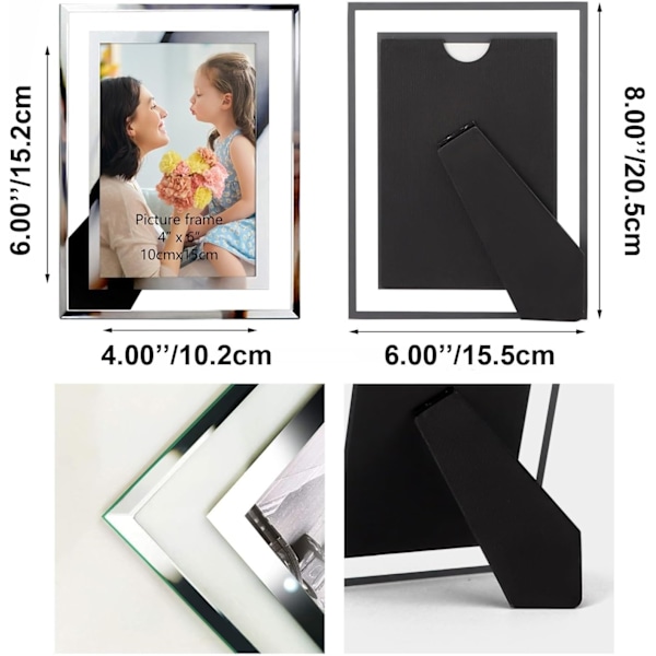 4-pack Fotoramar, 4x6 Tavelramar med Silverfärgat Spegelglas, Multifunktionella Fotoramar för Bordsvisning