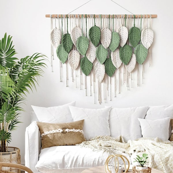 Macrame Väggbonad Stor Gobeläng Vävd Väggbonad Boho Macrame Blad Väggdekoration Fjäder Chic Vävd Konst White-light green-dark green