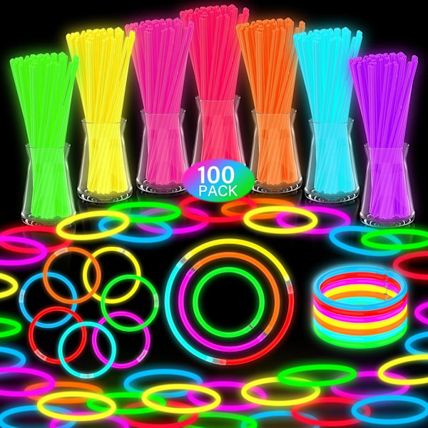 100 stk. Glow Sticks, Glowsticks Party Pack, Selvlysende Festartikler, Selvlysende Neon Halskjeder