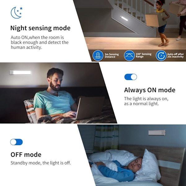Garderobslampa, 6000K Uppladdningsbar LED-belysning för Inomhusgarderober, Trådlös, Magnetisk, Dimbar LED-lampa med Rörelsesensor, för Garderob, Skåp, Trappor