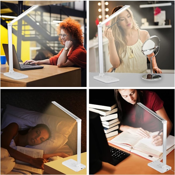 LED-skrivebordslampe, dimbar bordlampe 7,5 W trådløs lading og USB-ladeport leselampe for øyebeskyttelse, 5 lysstyrkenivåer, 5 farger lampe