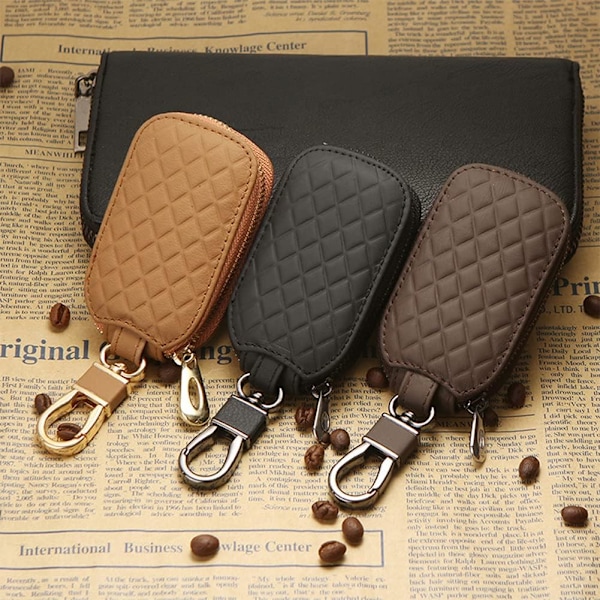 Bilnøgleetui, lædernøgleetui nøglepose nøglering med lynlås bilnøglecover med metal krog bilnøglepung unisex Brown